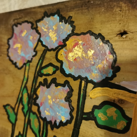 Handcrafted Home Wood Sign Painting flowers Gold - Picture 3 of 8